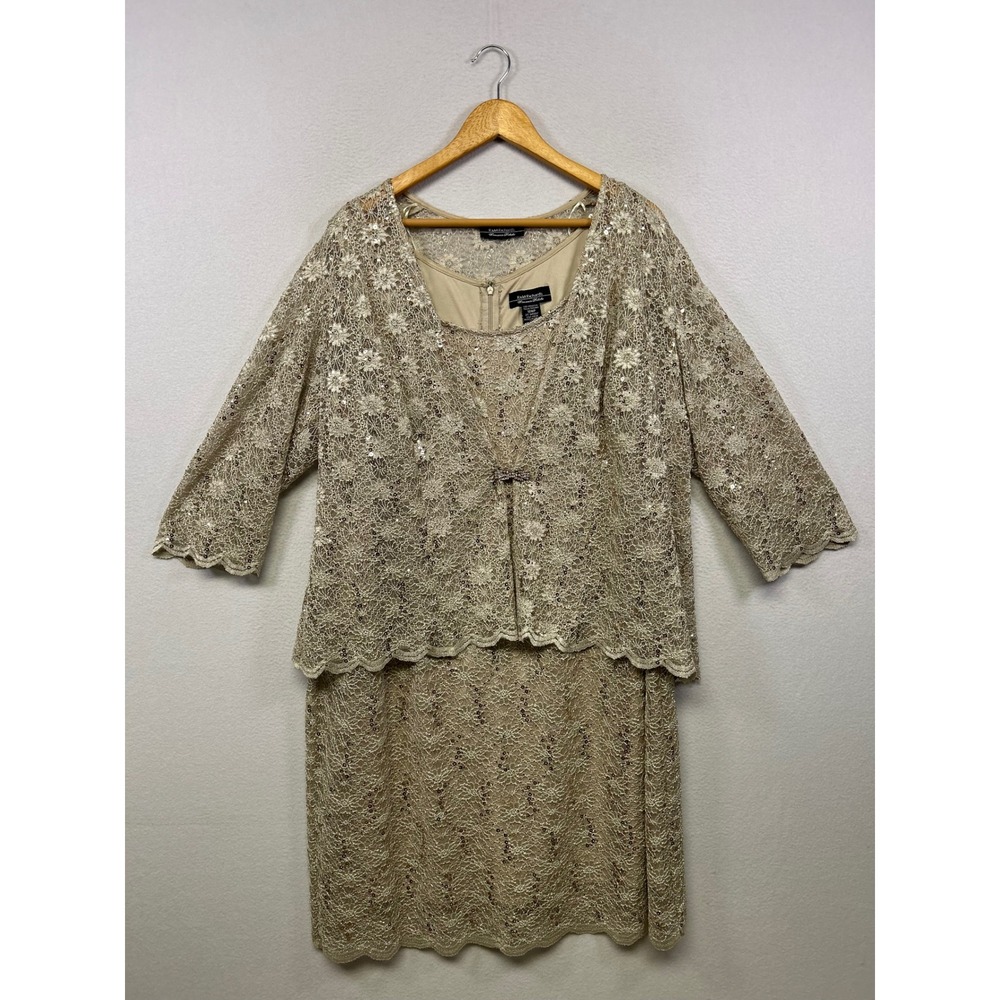 R&M Richards Elegant Formal Wedding Guest Womens 18WP Gold Sequin Lace Dress Set
